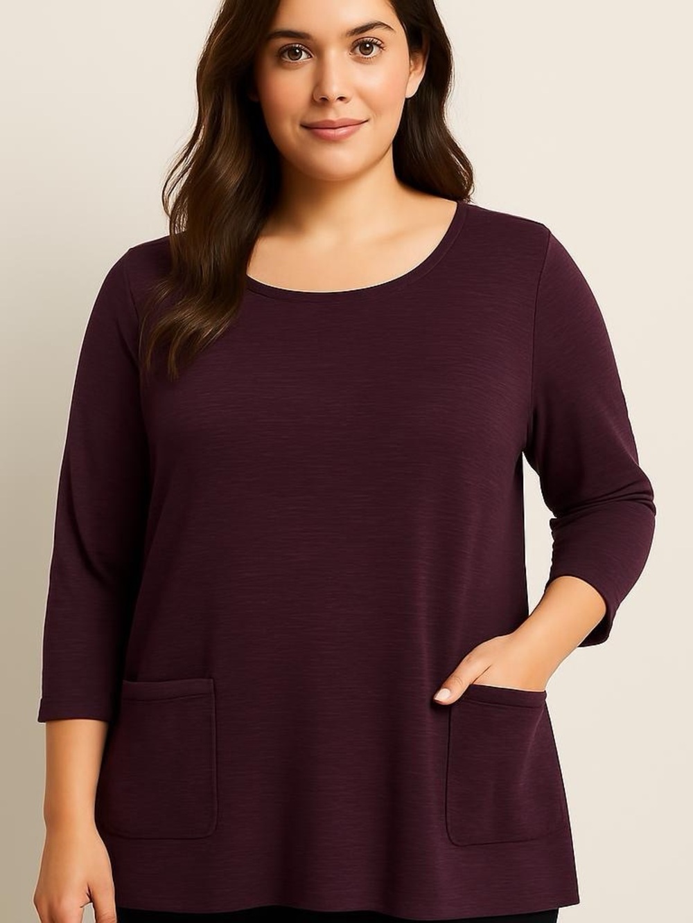 J. Jill Pure Jill Organic Cotton Tunic Top Plum Purple 3/4 Sleeve Pockets MP
